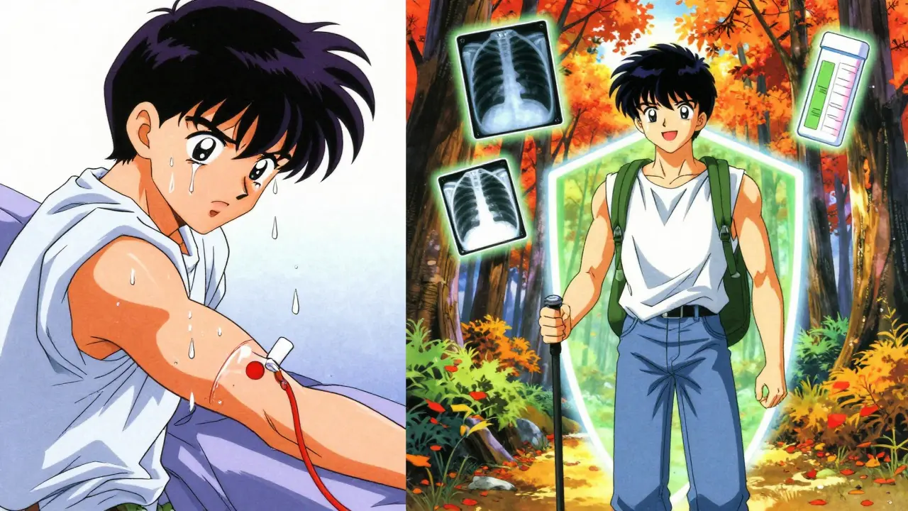 Split scene of patient recovering from blood draw and hiking happily with medical icons glowing above.