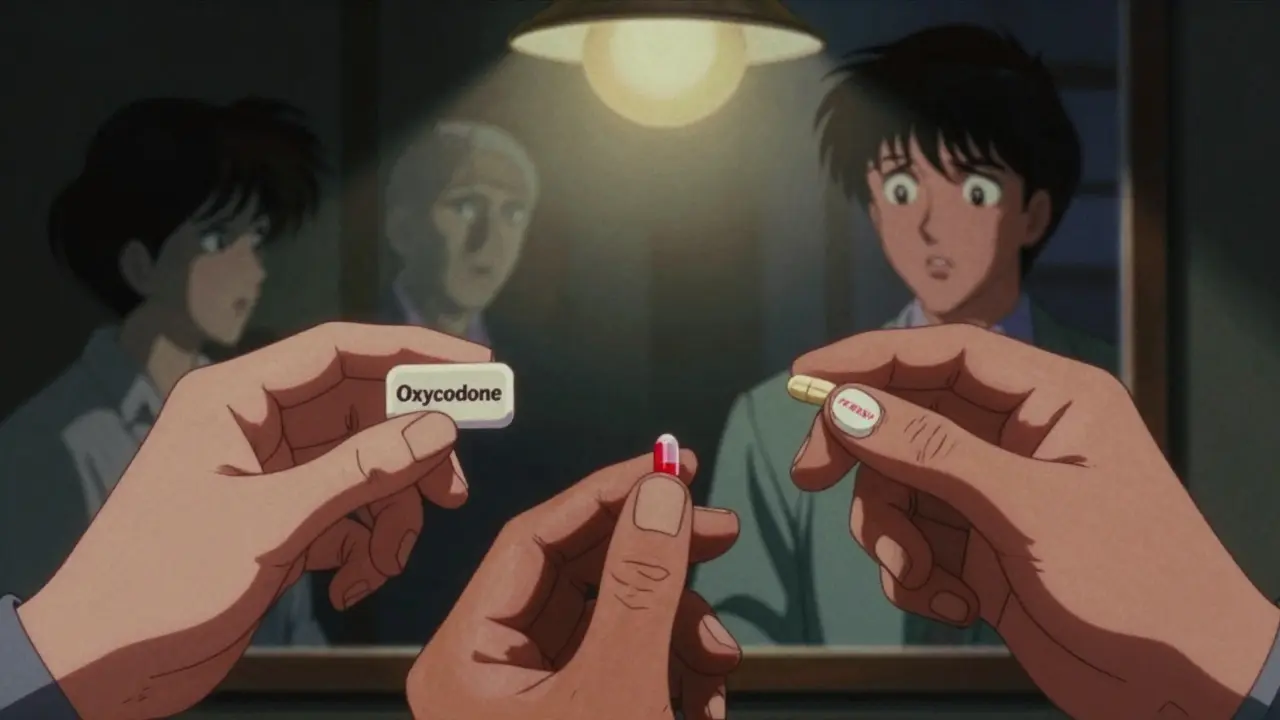 Three pills held in hands, including a fake one with hidden fentanyl, under harsh lighting.