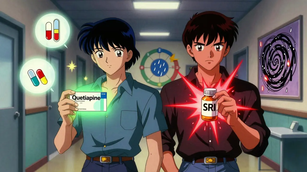 Two figures in a clinic: one with calming green medication, the other with dangerous red pills, surrounded by mood symbols.