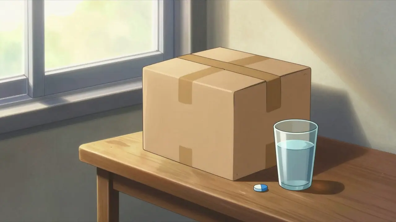 A discreetly packaged medical delivery on a table in a nostalgic anime home interior