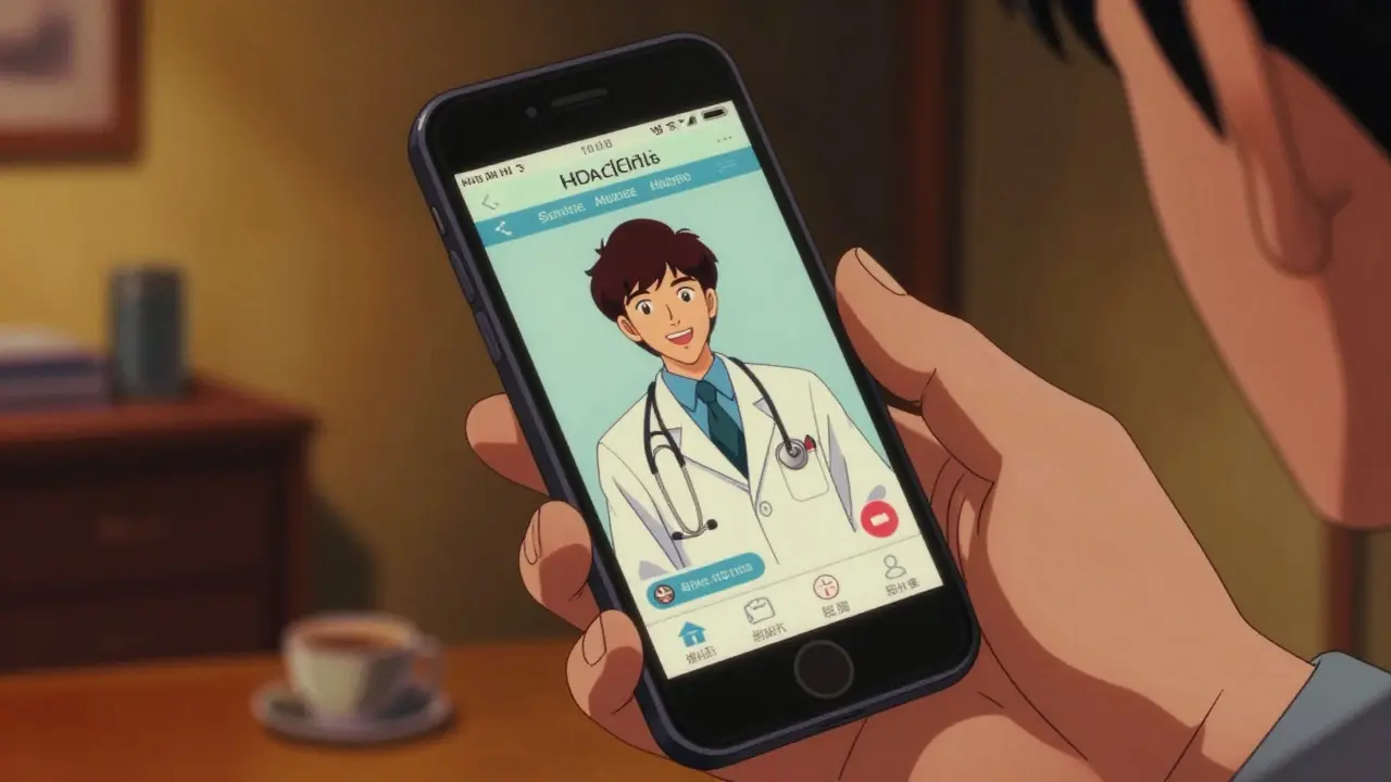 A man using a telemedicine app for a virtual doctor consultation in a vintage anime setting