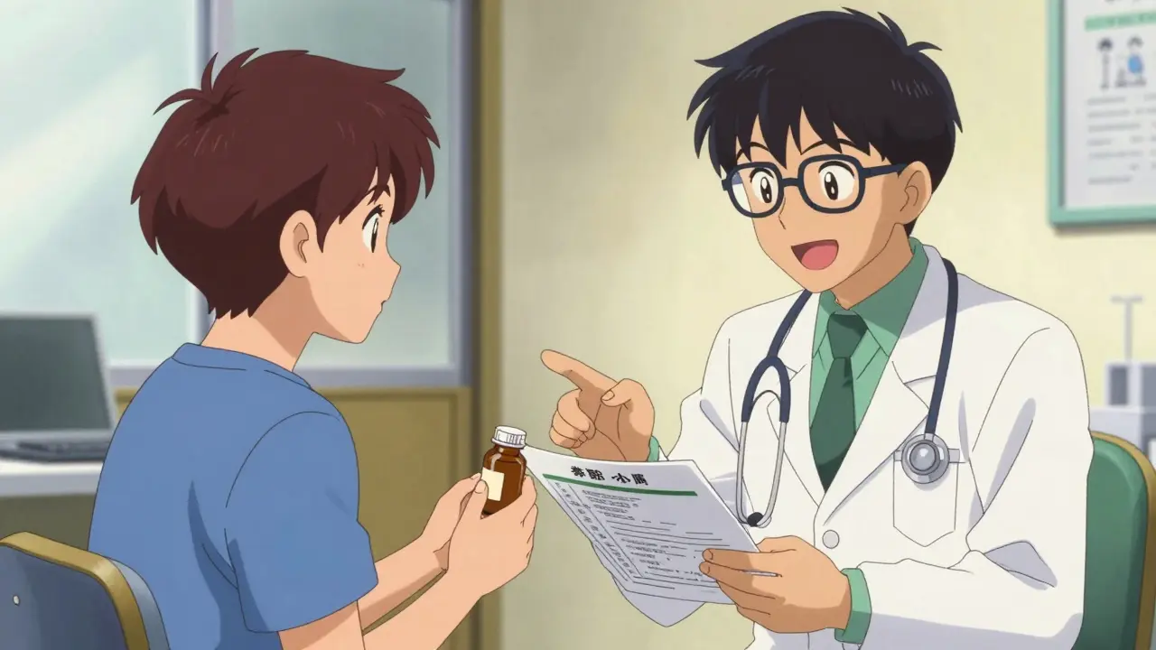 A patient consulting a doctor about their medication in a clinic, retro anime style.