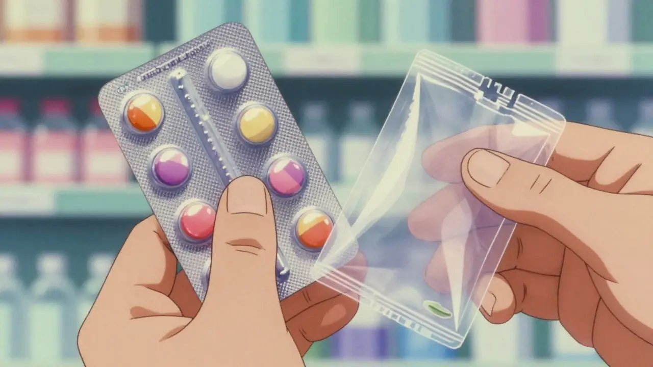 Close-up of a hand using a blister pack and a multi-dose pill pouch in retro anime style.