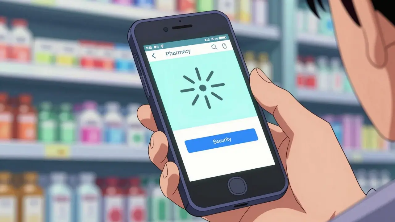 Hand holding a smartphone with a pharmacy app security screen in retro anime style