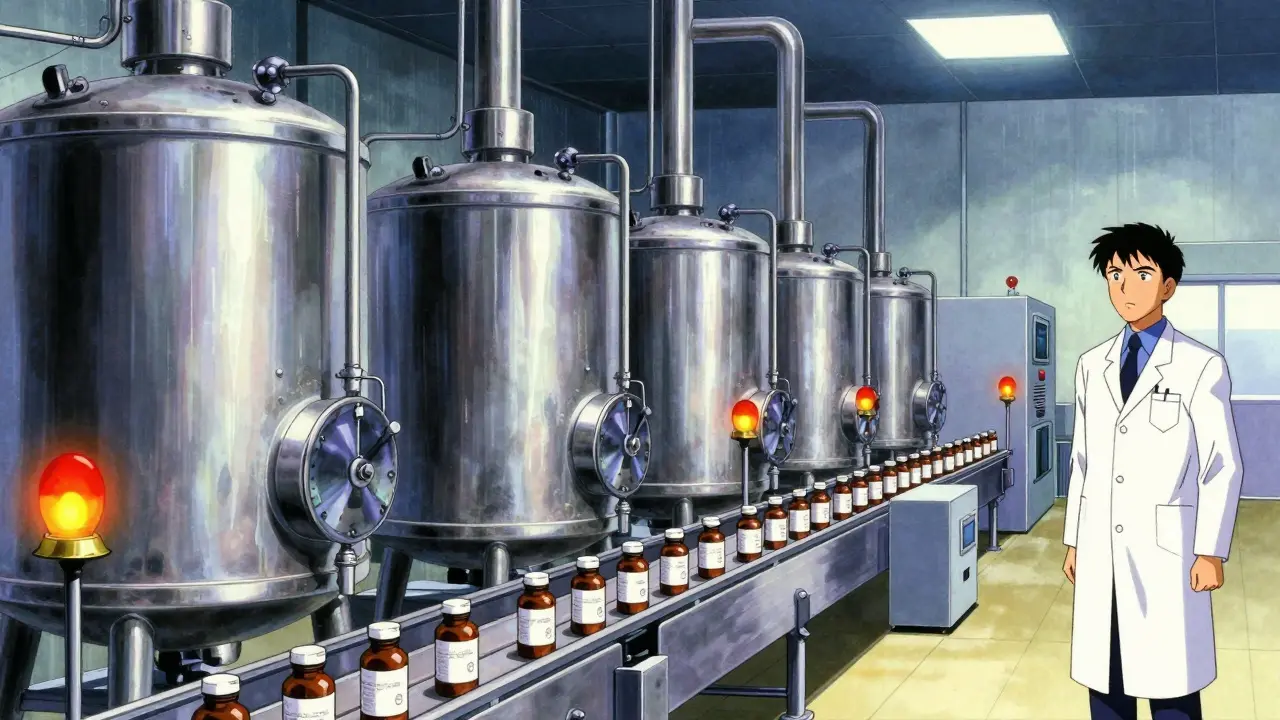 Industrial pharmaceutical factory with machinery and warning lights in retro anime style.