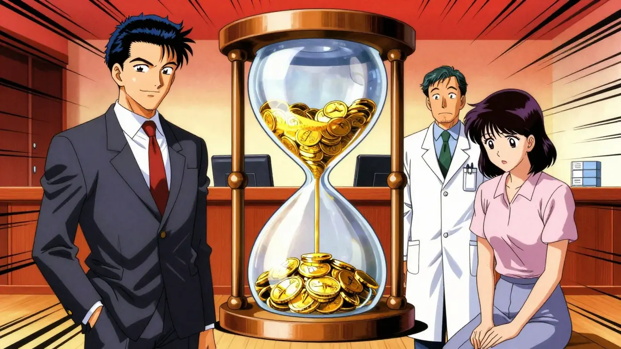 Lawyer and patient separated by a golden coin hourglass symbolizing delay
