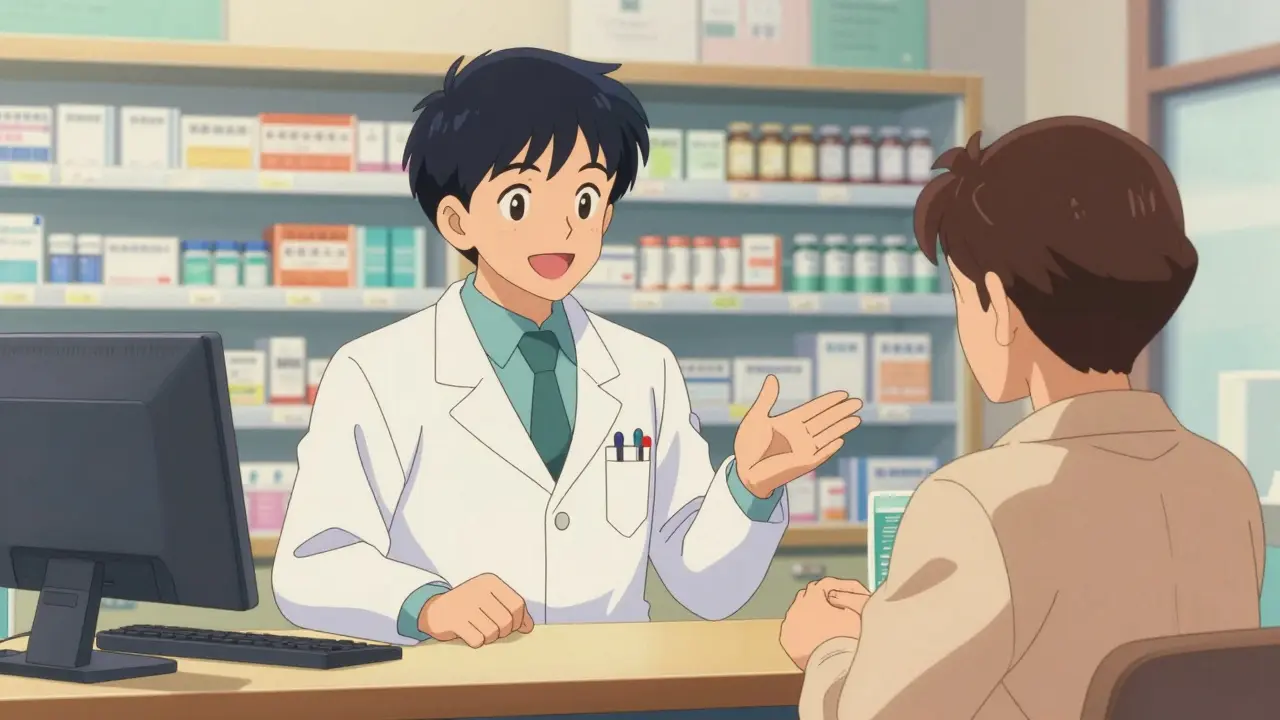 Patient and pharmacist talking at a pharmacy counter in retro anime style