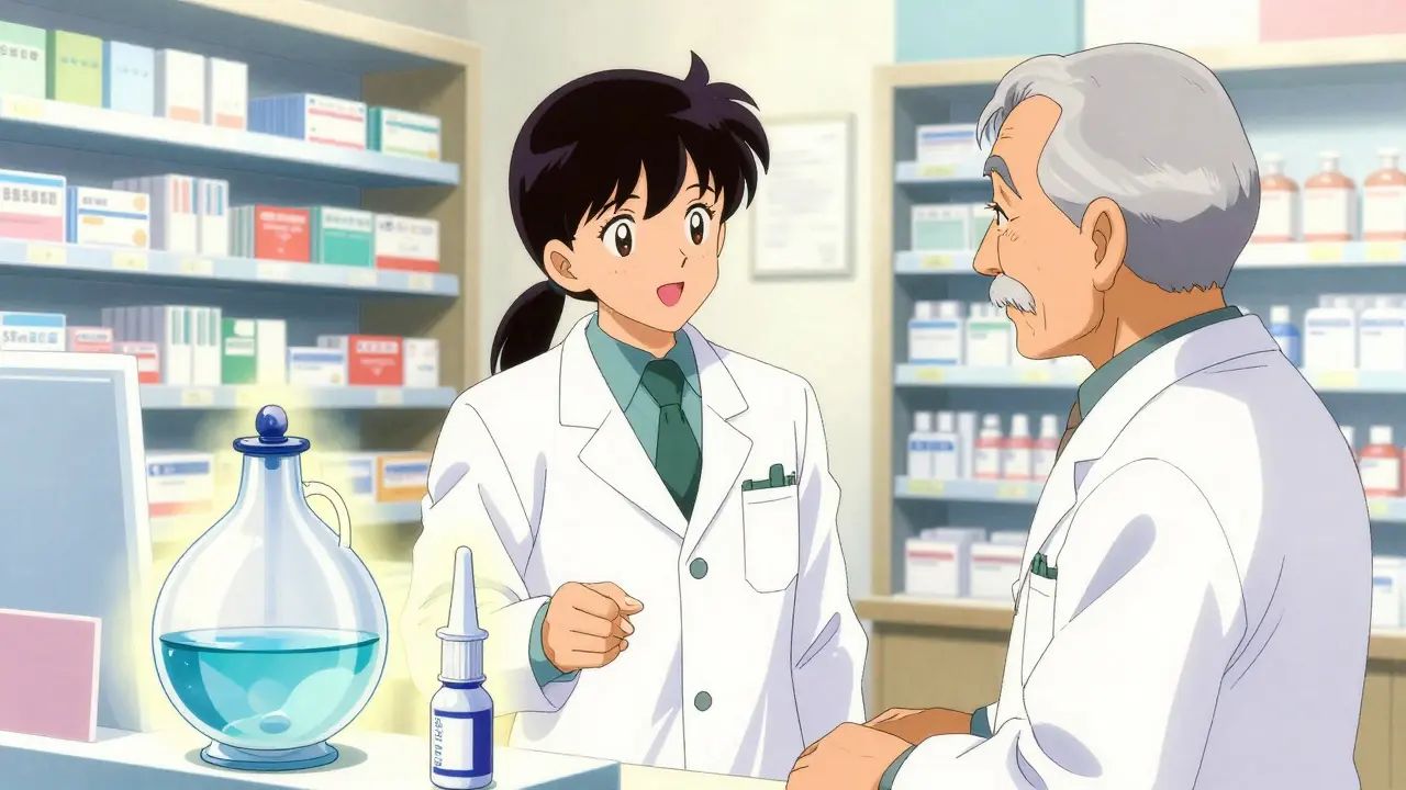 Pharmacist advising an older man on safe nasal spray alternatives