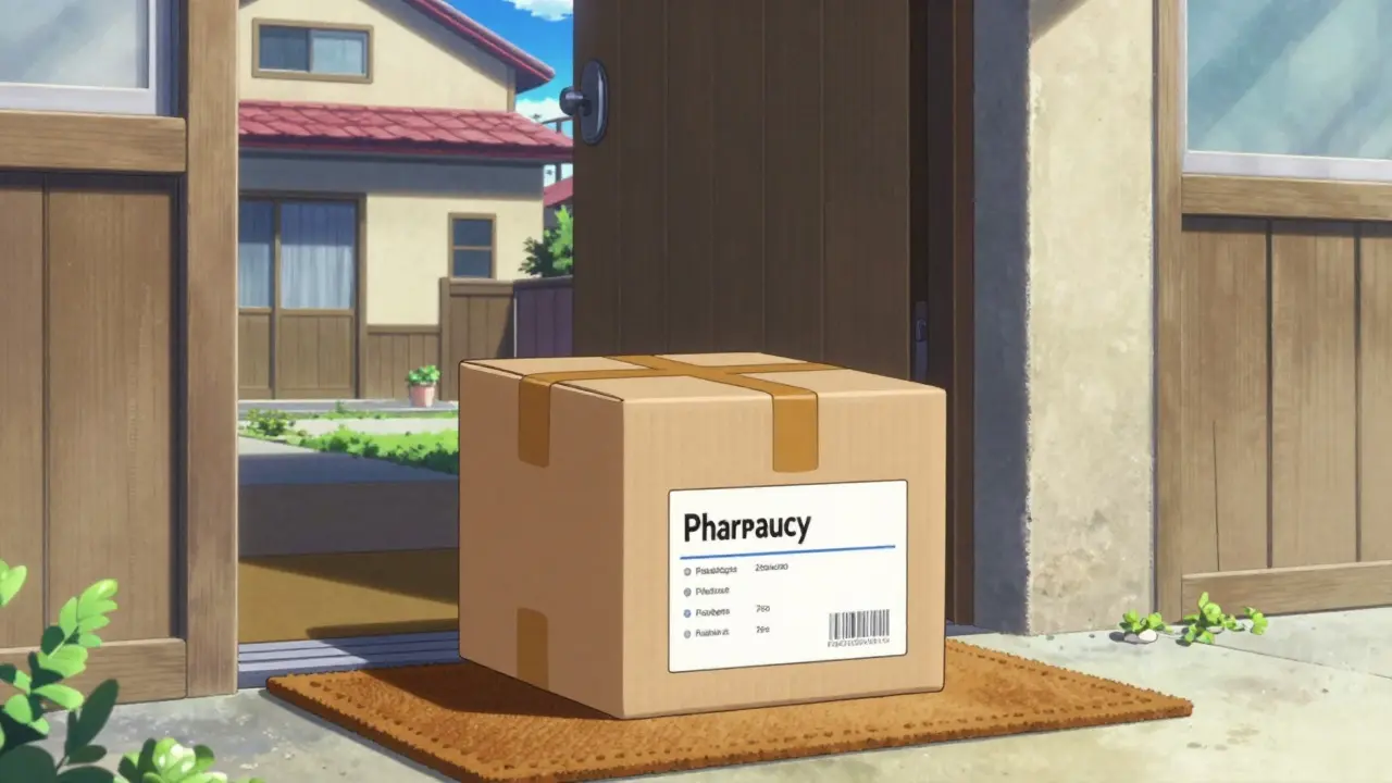 Pharmacy delivery box on a doorstep in a sunny retro anime neighborhood