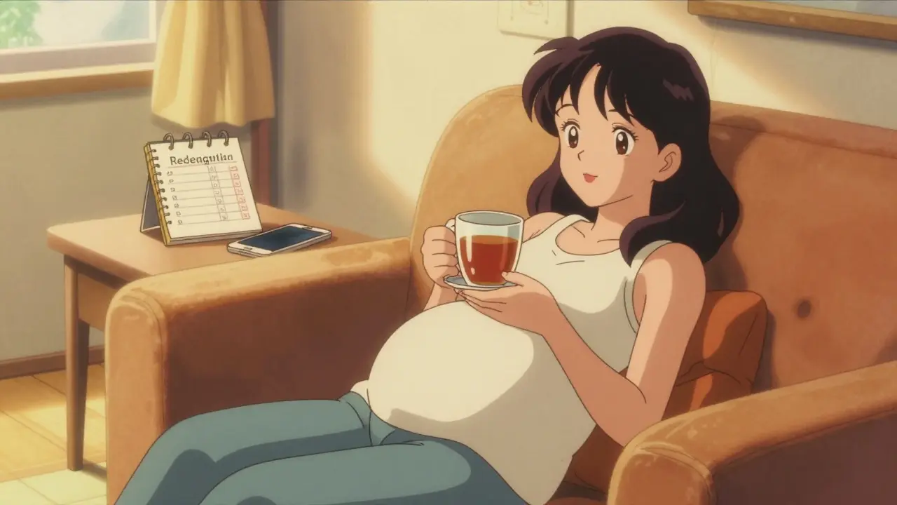 Relaxed pregnant woman resting in a sunny living room in retro anime style