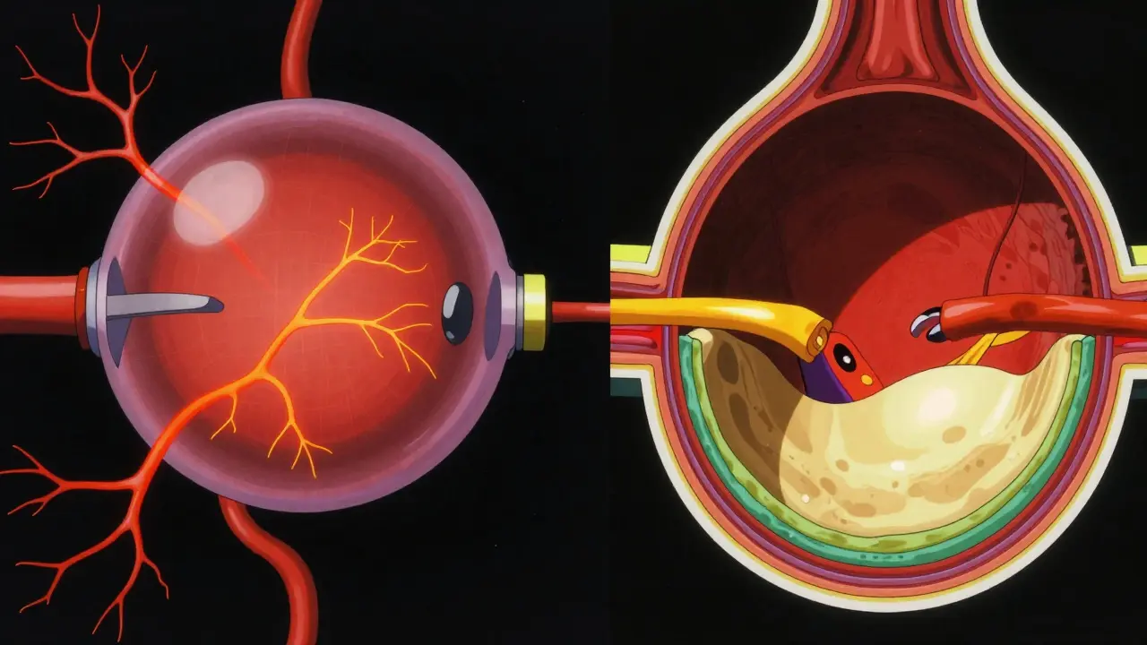 Retro anime comparison of a 2D retinal map and a 3D cross-section