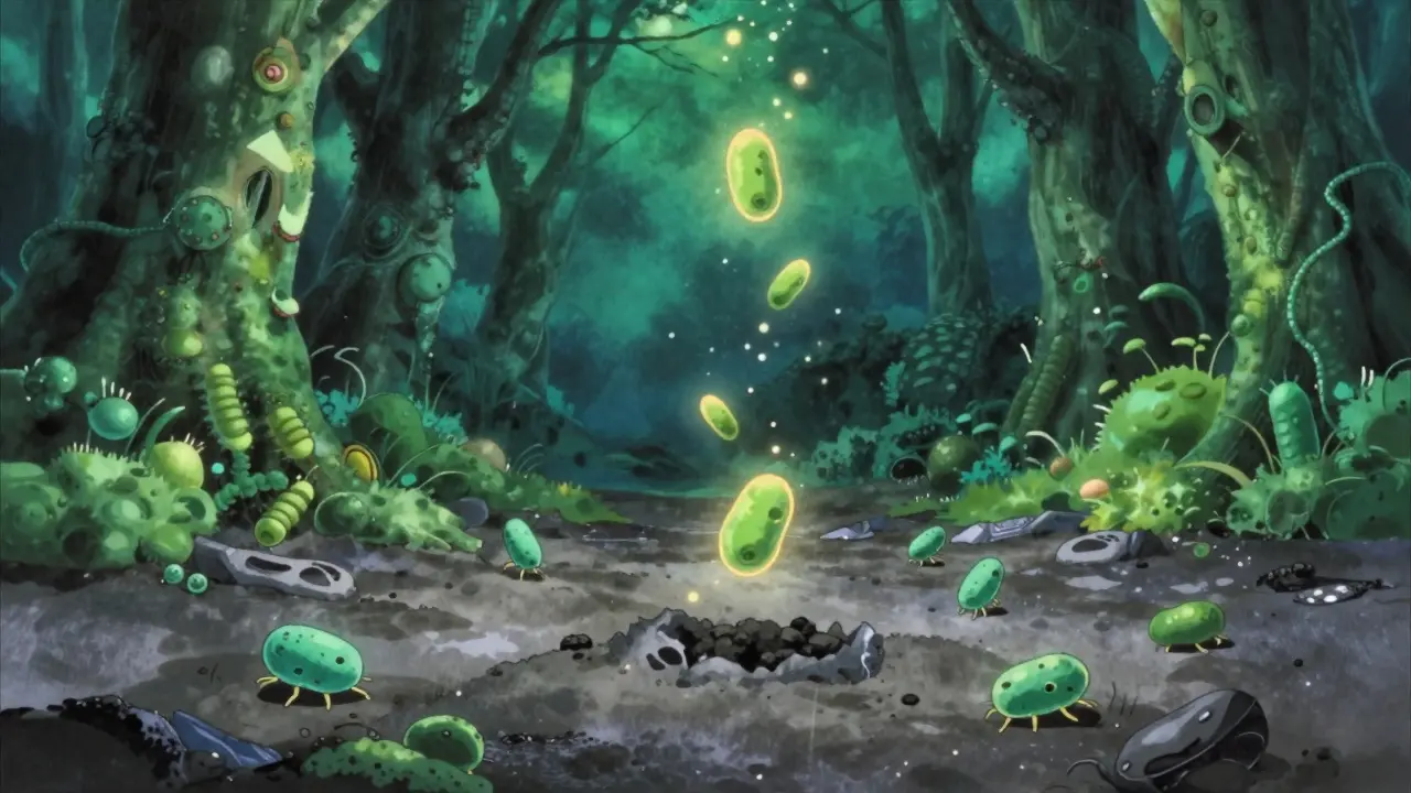 Retro anime illustration of probiotics restoring a damaged gut microbiome like a growing forest.