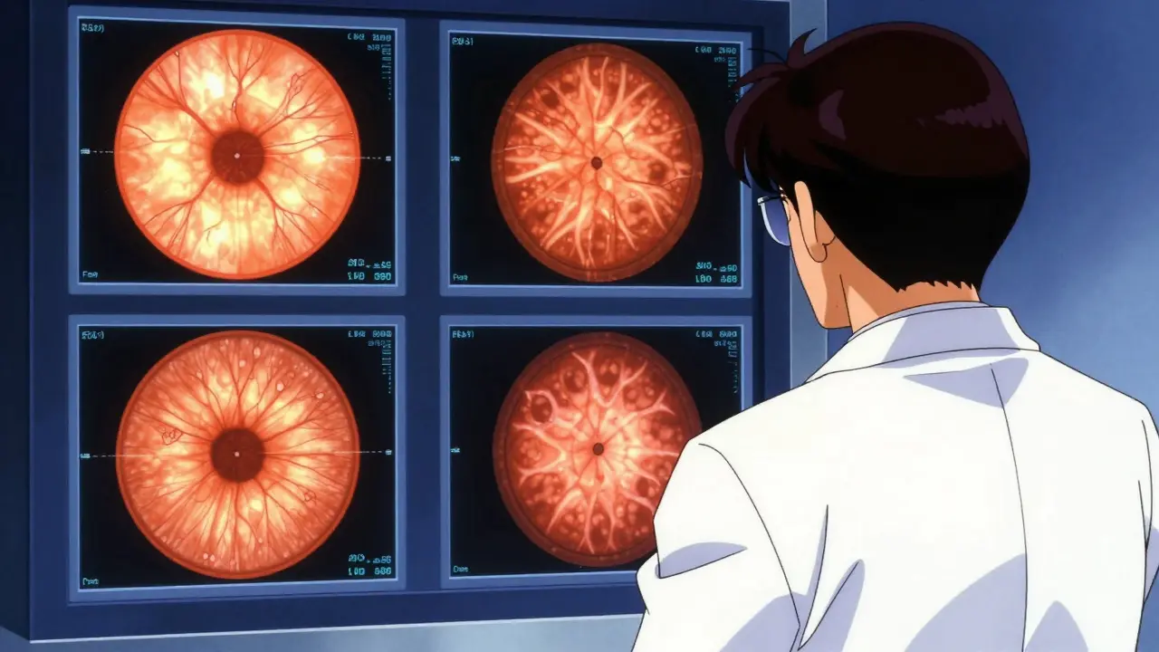 Retro anime scene of a doctor reviewing multiple eye imaging scans