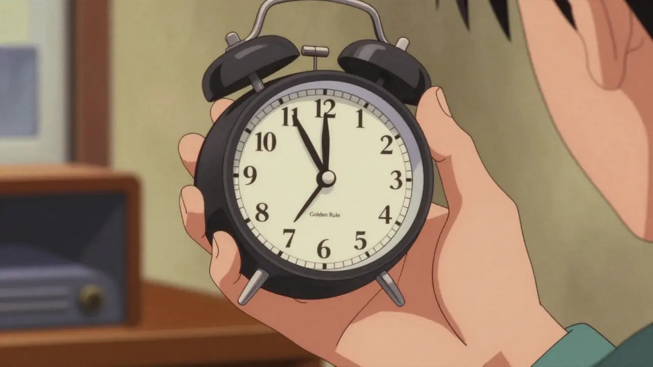 Retro anime scene of a hand with a probiotic pill and a timer showing a two-hour gap.