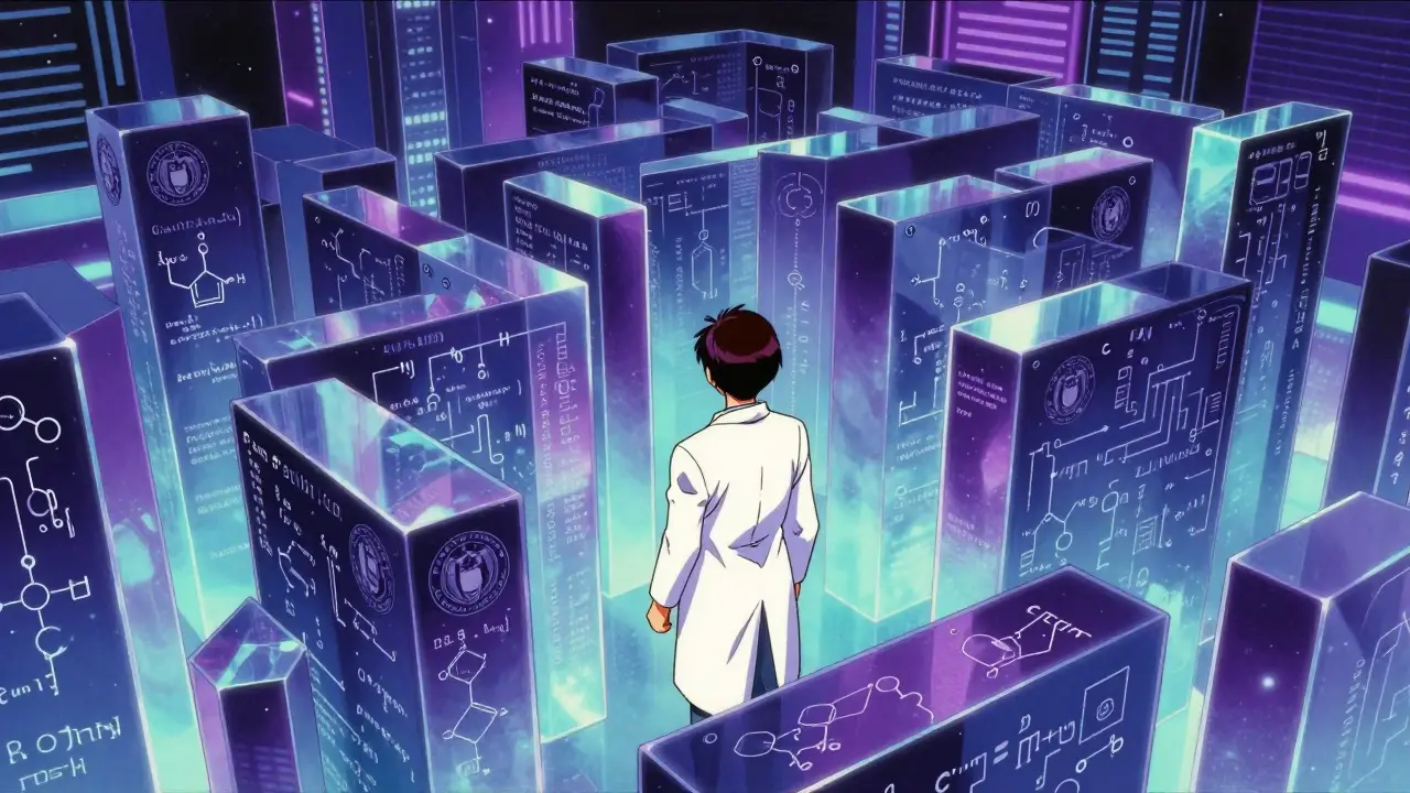 Scientist facing a crystalline labyrinth of legal patents in a neon city