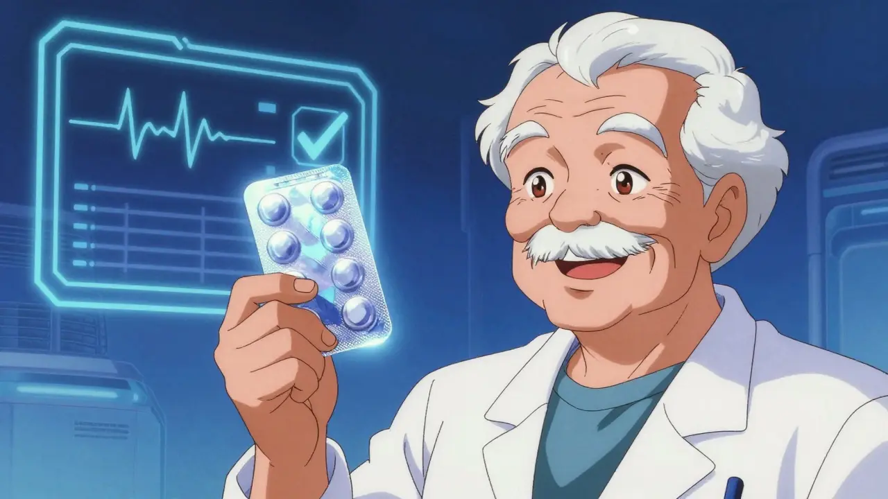 Senior holding a glowing smart medication pack with a digital health interface in retro anime style.