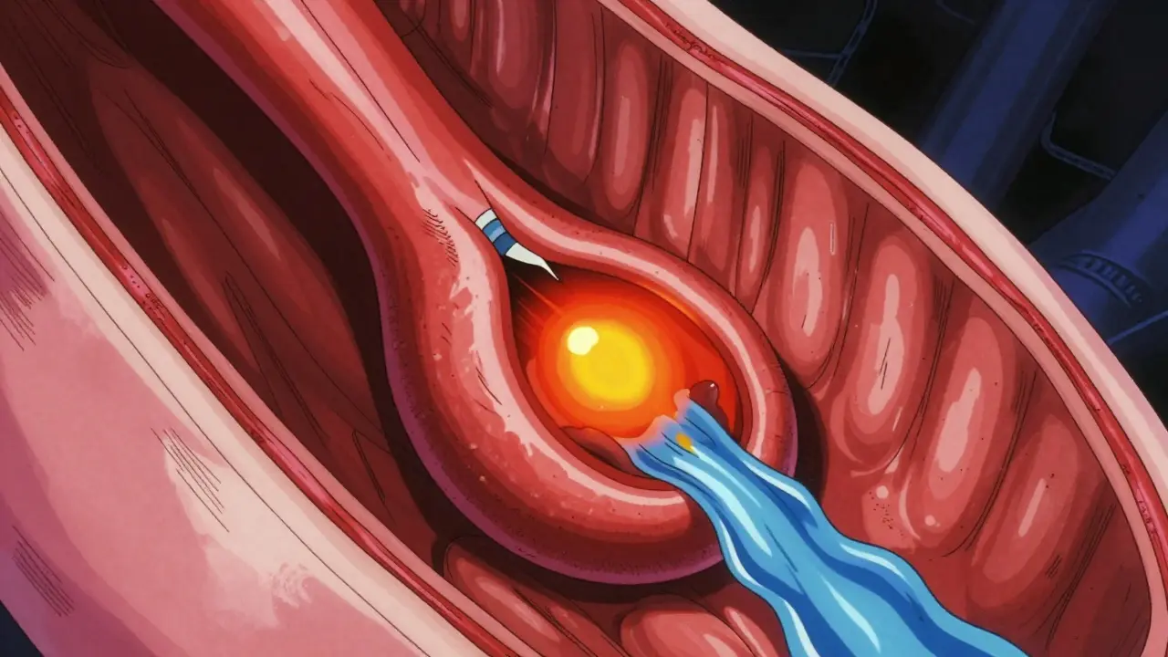 Stylized anime diagram showing a constricted urethra in the prostate
