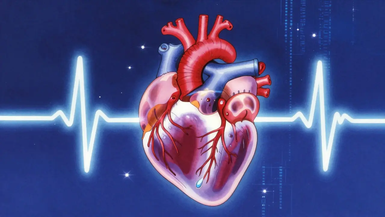 Stylized glowing heart with calming blue energy waves in retro anime style