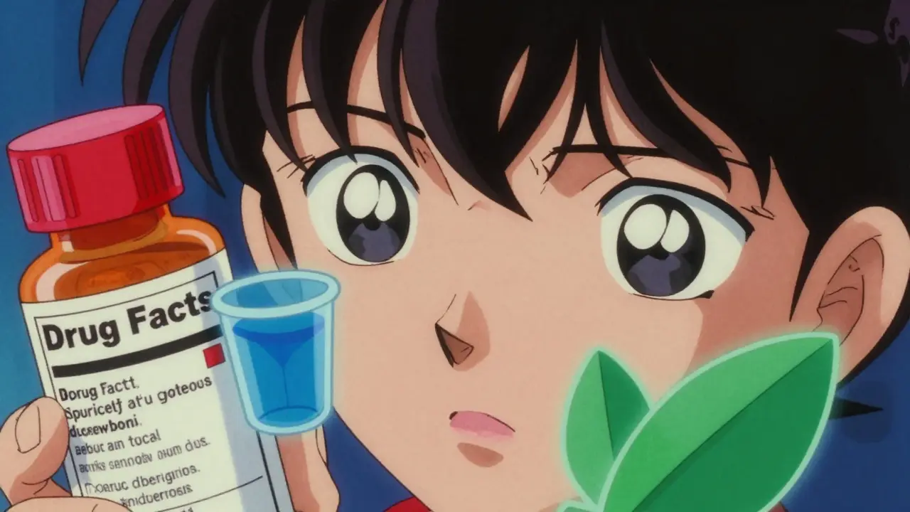 Anime character closely examining medication warnings and dosage details.