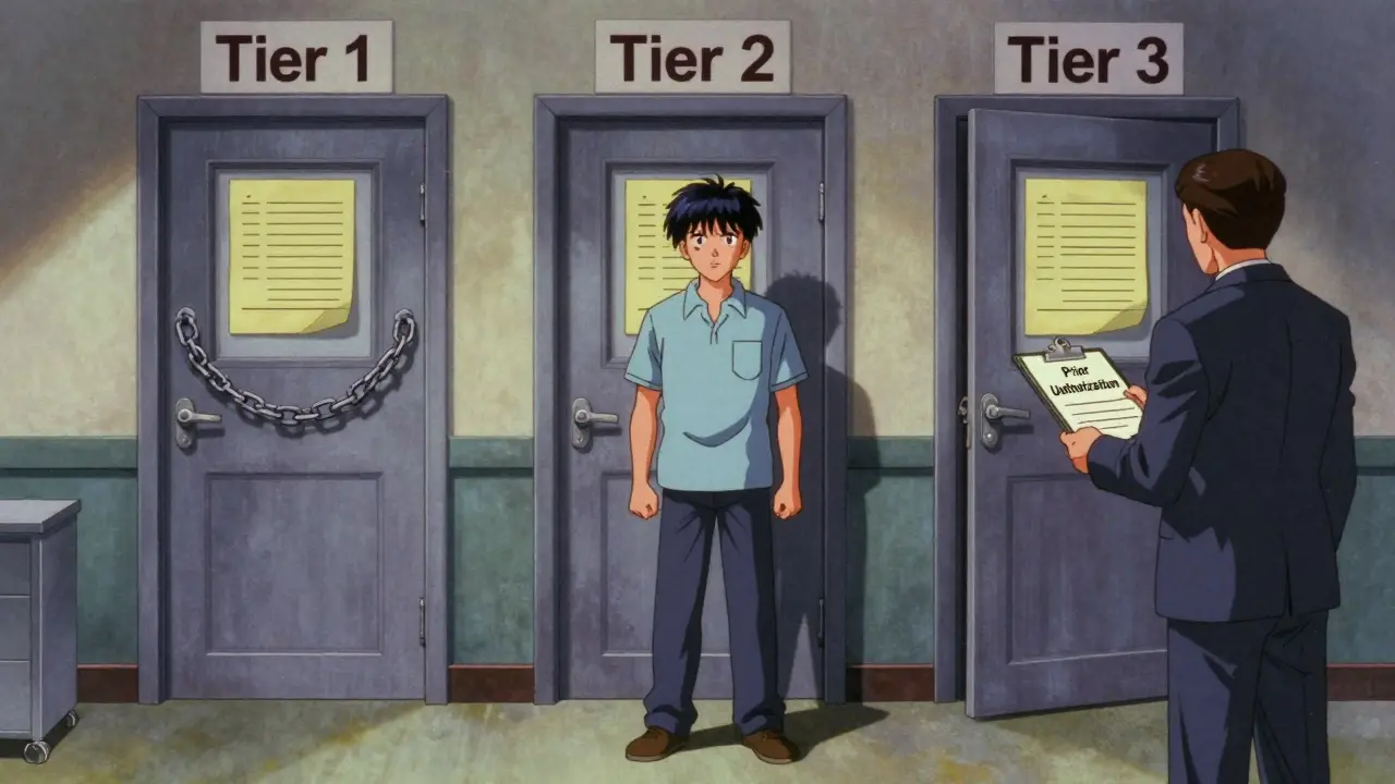 Anime metaphor showing locked doors blocking medication access