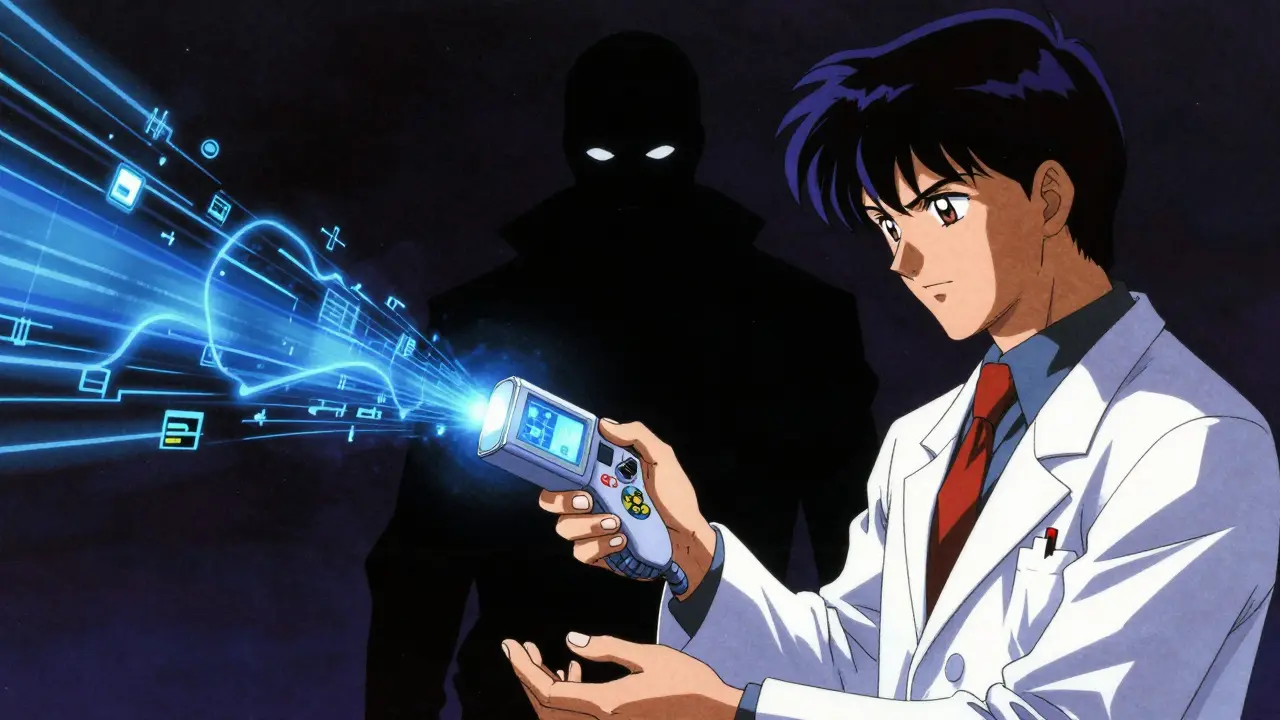 Anime pharmacist using a high-tech scanner to verify drug safety.