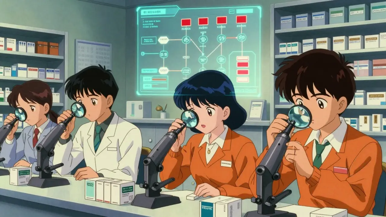 Anime students learning to detect fake medicines in a classroom.