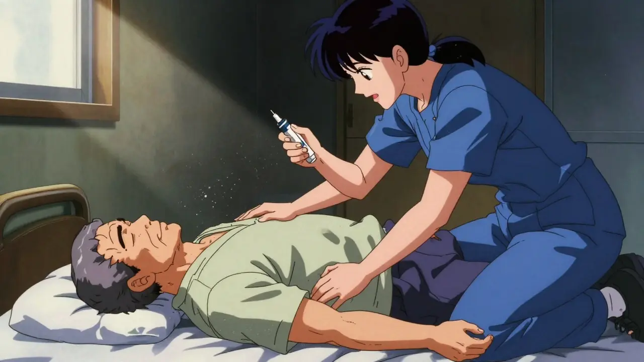 Caregiver placing an unconscious senior in the recovery position during an emergency.