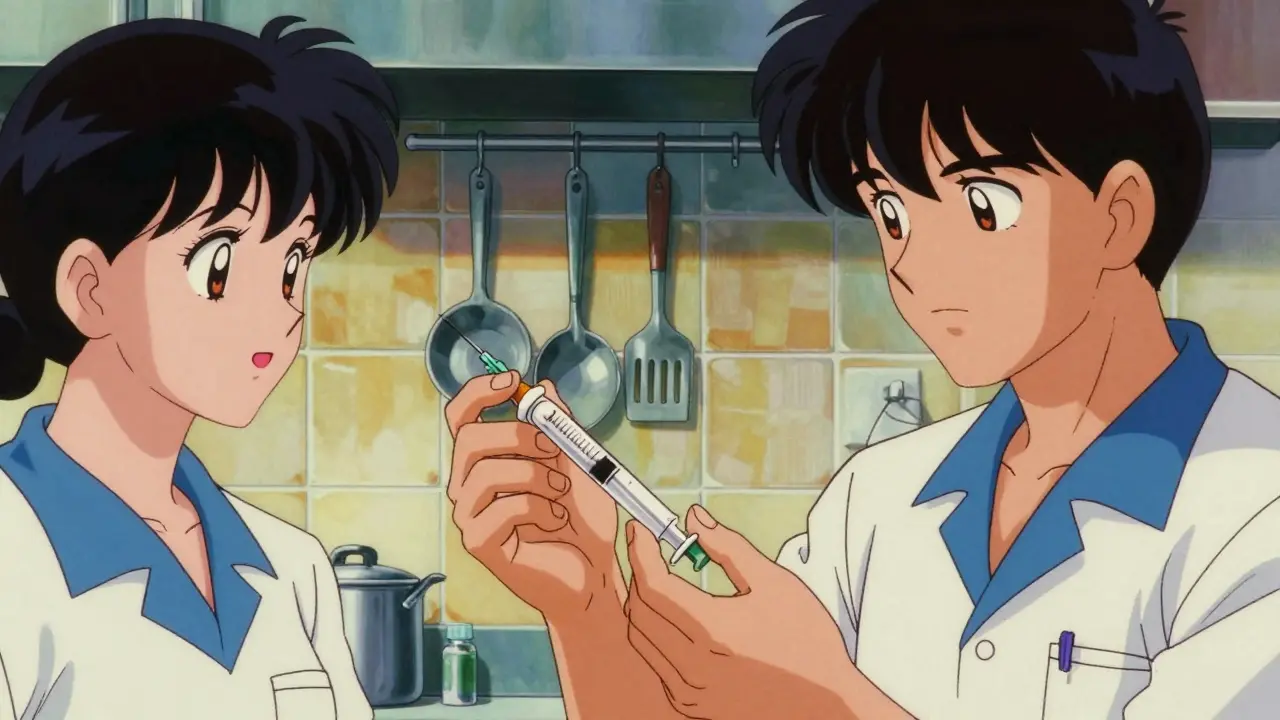 Caregivers exchanging oral syringe for safe medication dosing