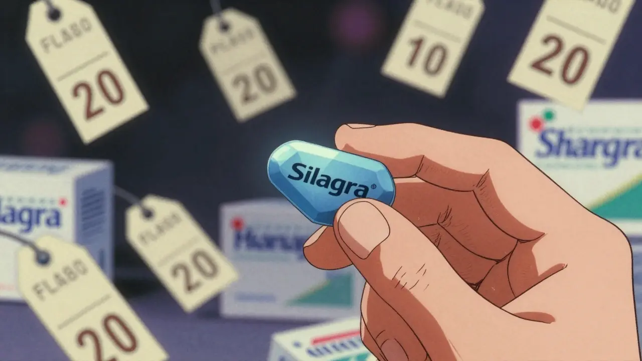 Close up of Silagra pill with floating price tags showing savings