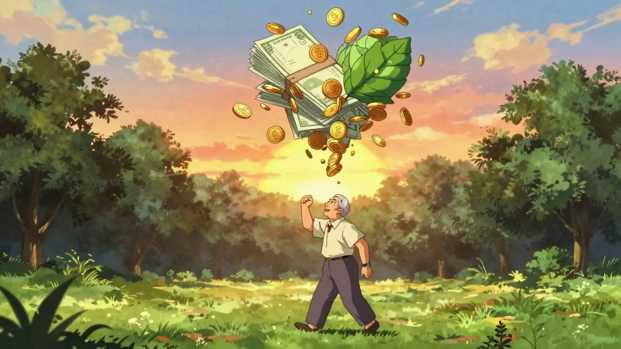 Conceptual image of money turning into health benefits in retro anime.