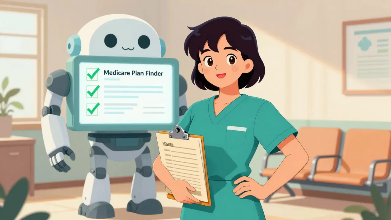 Confident anime patient using digital tool for insurance help