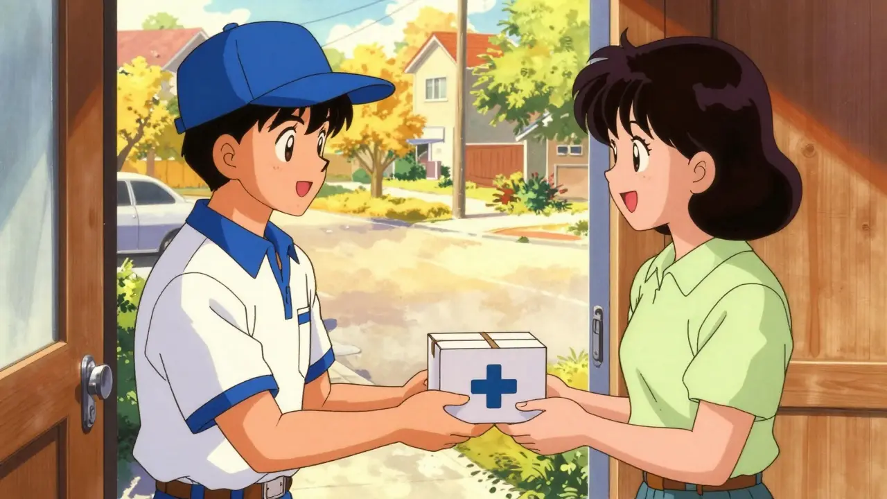Courier delivering a medicine package to a happy customer