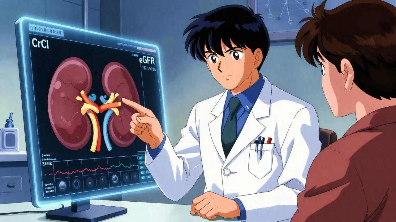 Doctor explaining kidney function metrics and dosage adjustments to a patient in anime style.