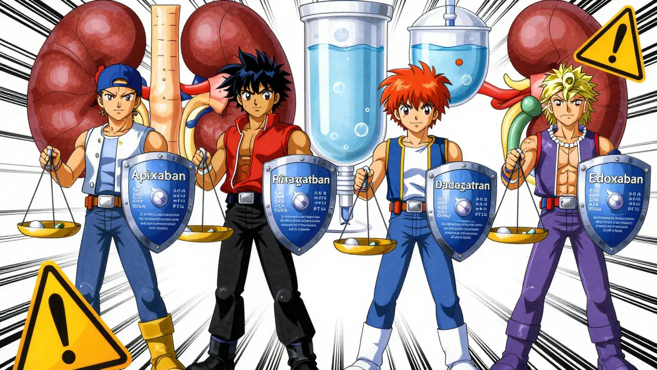 Four anthropomorphic characters representing different DOAC drugs with varying safety shields.