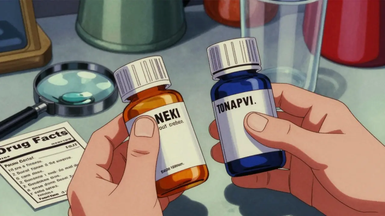 Hands comparing drug labels on cold medicine bottles under bright light