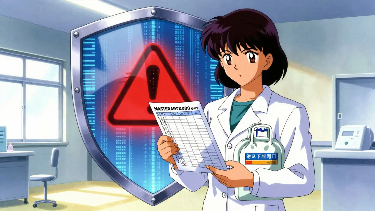 Patient holding medication list protected by a digital safety shield