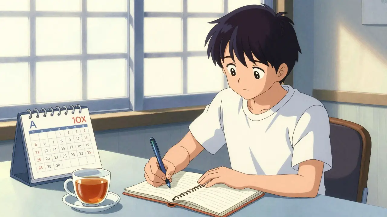 Patient tracking symptoms in journal, retro anime style