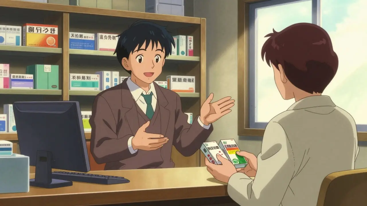 Pharmacist advising customer on OTC drugs in a vintage anime pharmacy.