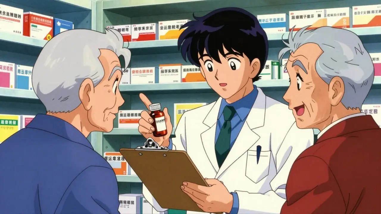 Pharmacist advising senior customer on medication savings in manga art.
