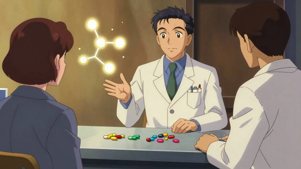 Pharmacist explains drug differences to patient in anime art