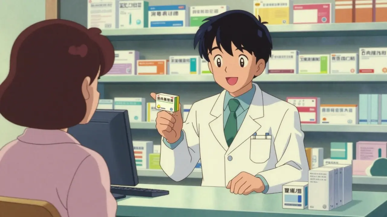 Pharmacist recommending single-ingredient medicine to a customer