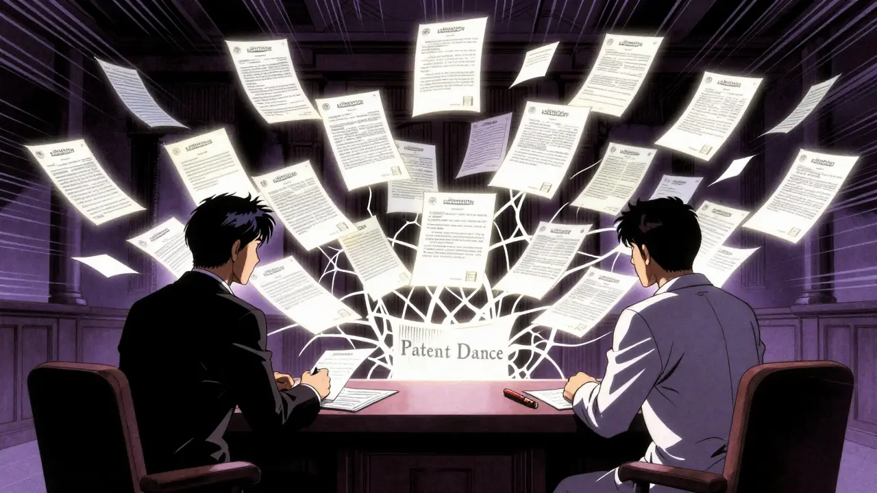 Retro anime scene showing two figures locked in a tense patent dance legal battle