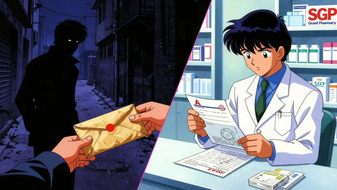 Split screen showing scammer vs legitimate pharmacist verification