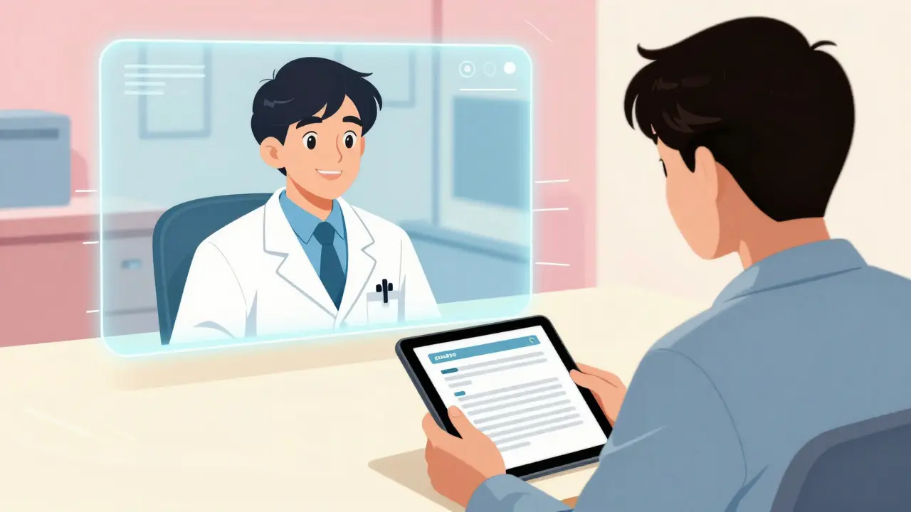 Telehealth doctor consulting with a patient via hologram in vintage manga art.