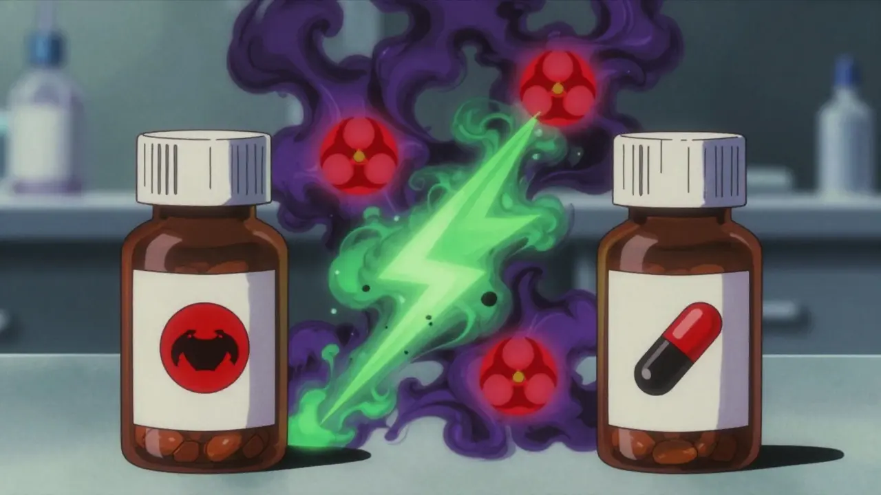 Two pills emitting toxic smoke representing dangerous drug interactions