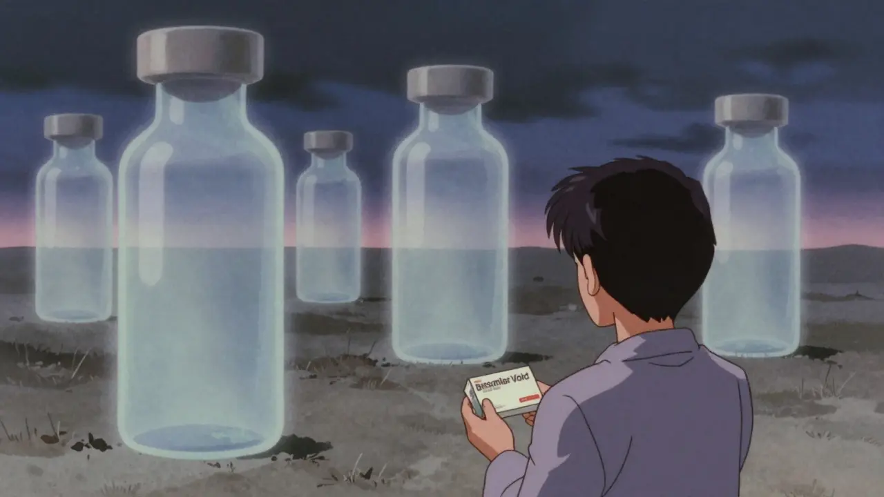 Vintage anime illustration of a patient facing an empty biosimilar market void