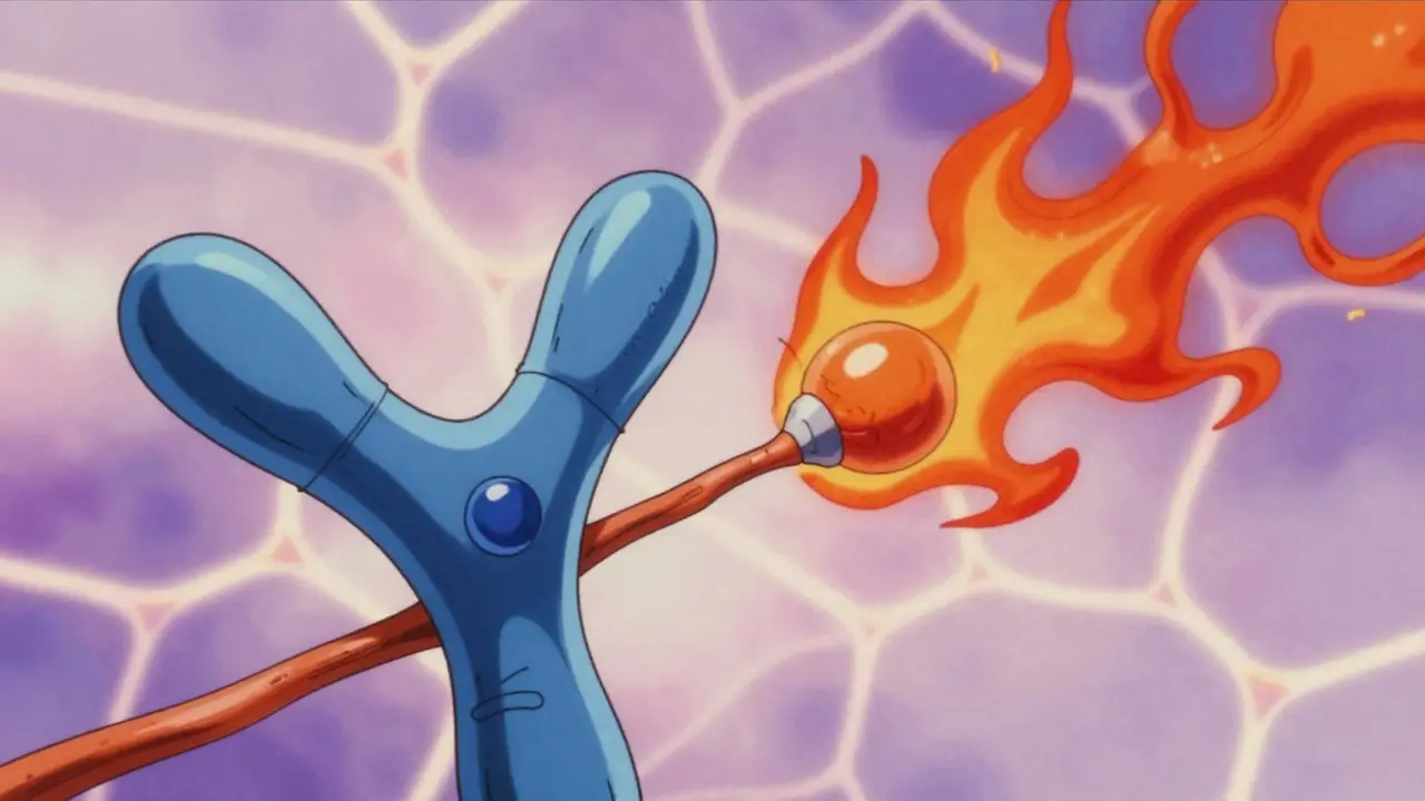 Blue antibody blocking red pain protein in retro anime art