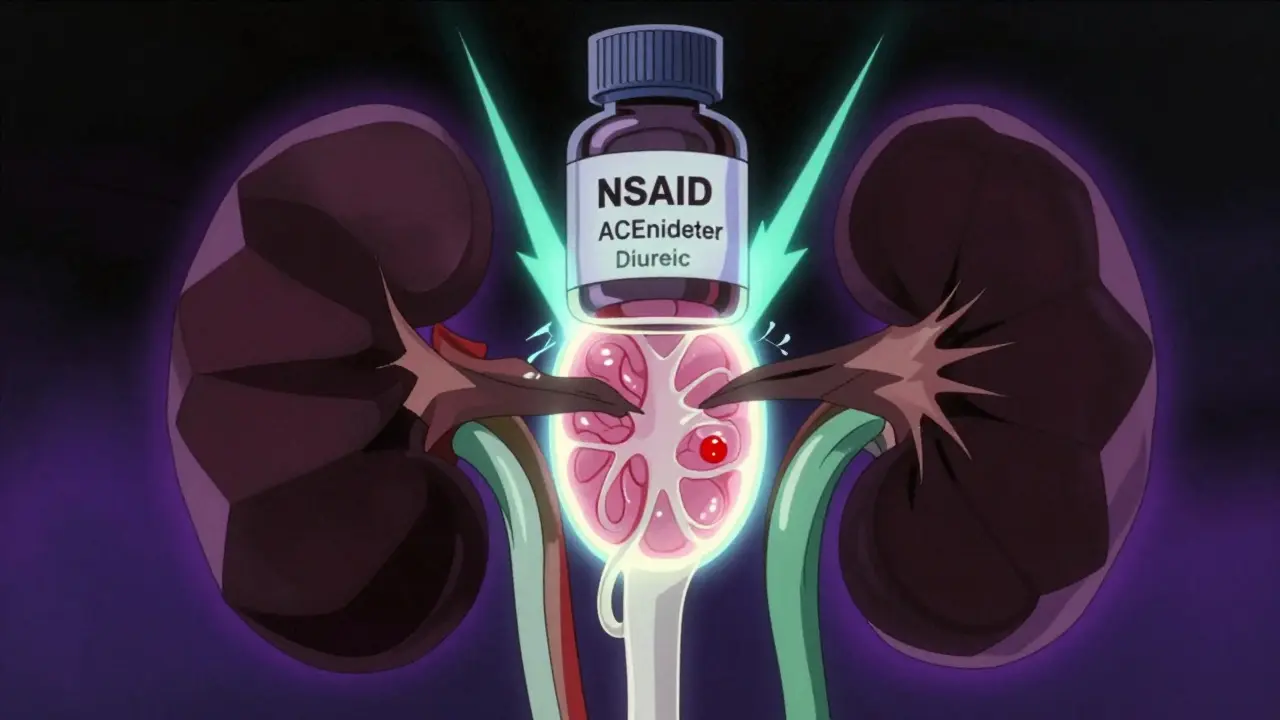 Conceptual art of three meds squeezing a kidney filter in 80s anime style