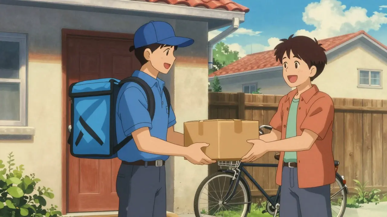 Courier delivering medicine package to happy resident, anime art