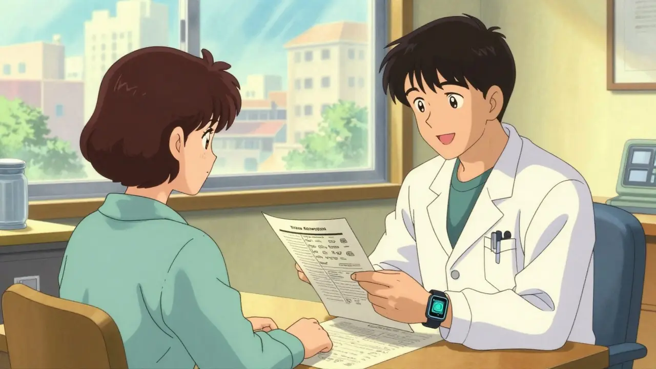 Doctor and patient reviewing charts with a glowing smartwatch in a sunny office